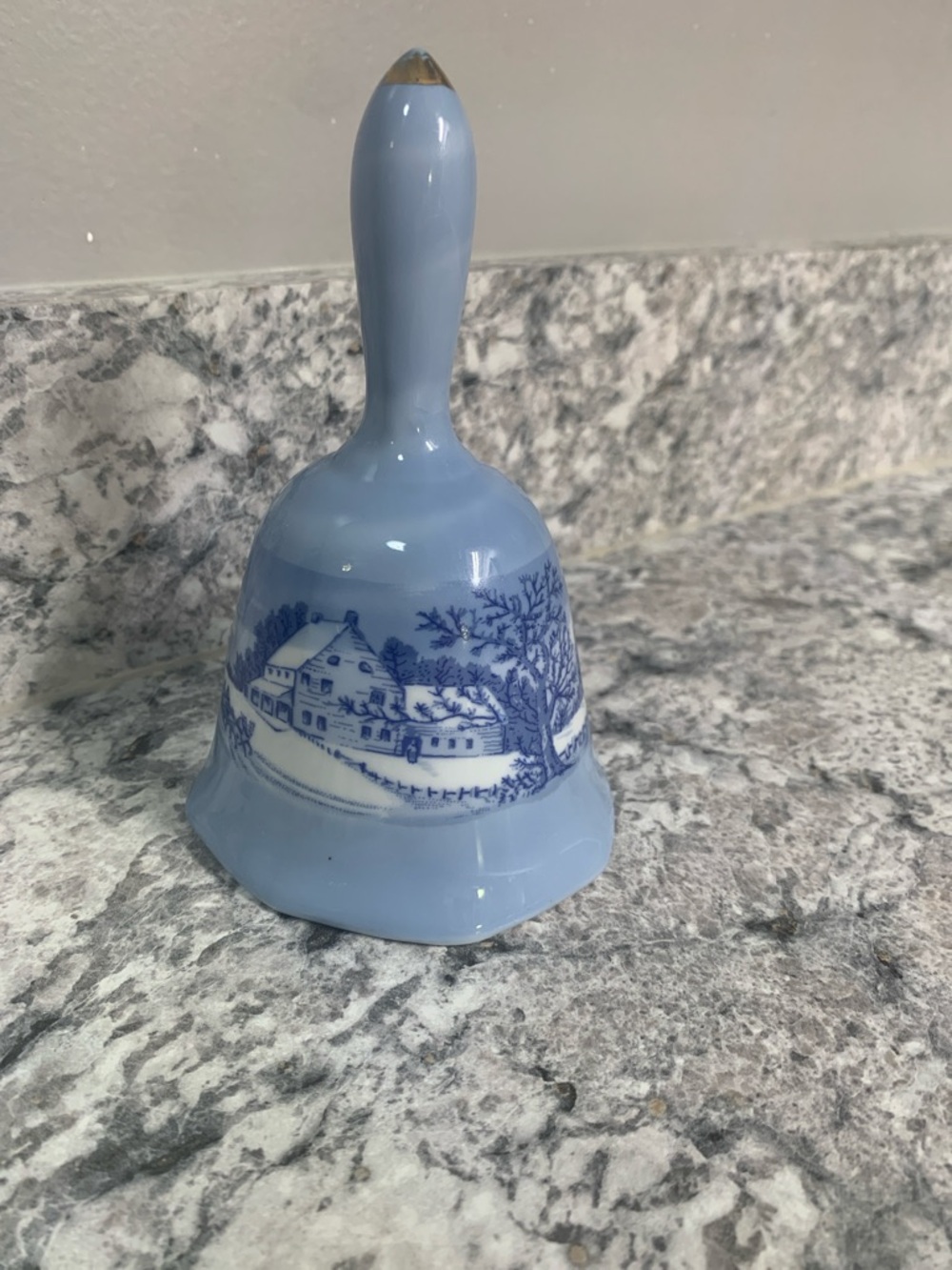 Vintage Japanese Made Blue Ceramic Bell with Farmland Winter Scene Decorations